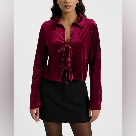 Express Tops - Velvet Long Sleeve Collared Tie Front Top, Burgundy